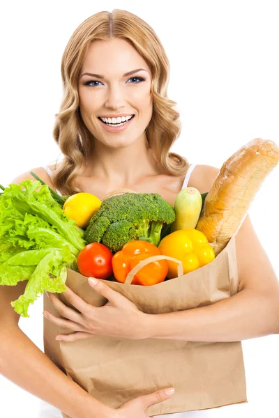 Mulher com comida vegetariana, em branco — Fotografia de Stock