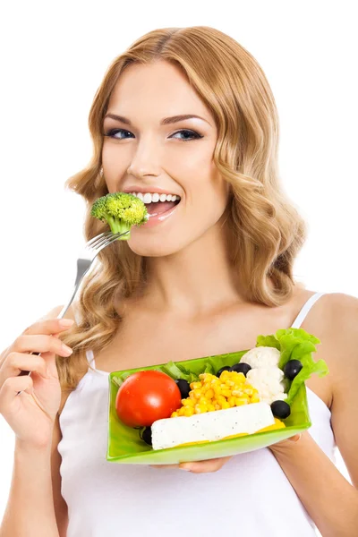 Femme avec salade végétarienne, sur blanc — Photo