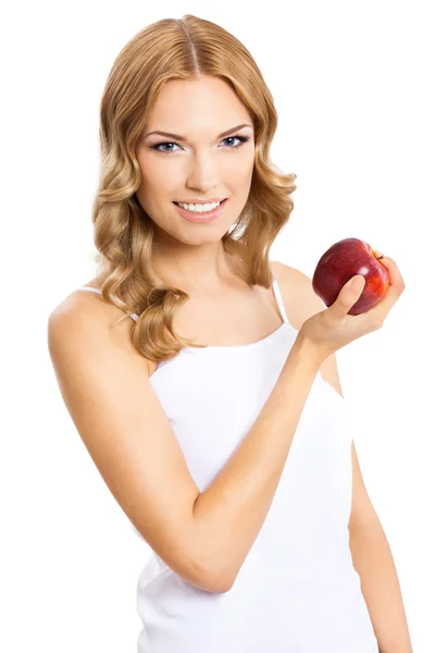 Жінка з яблуком, на білому — стокове фото