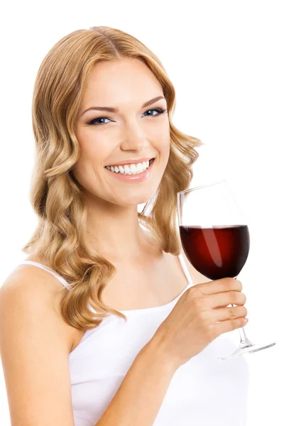 Νεαρή γυναίκα ευτυχισμένη με ποτήρι κόκκινο κρασί — Φωτογραφία Αρχείου