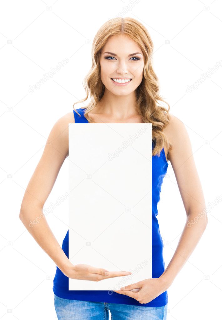 Woman showing blank signboard, on white