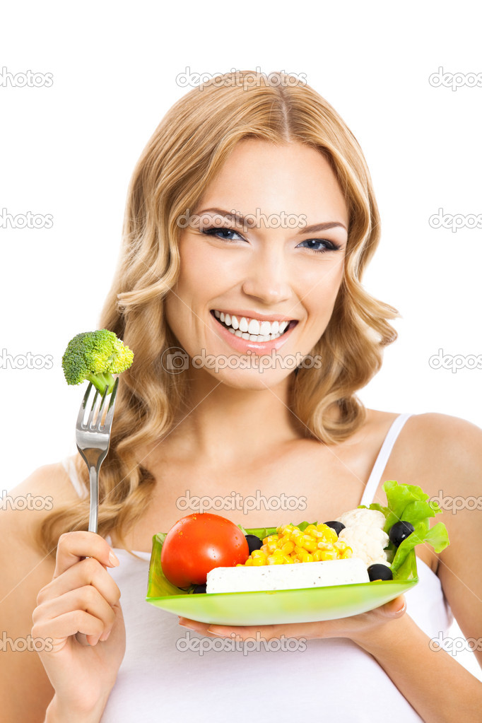 Woman with vegetarian salad, over white
