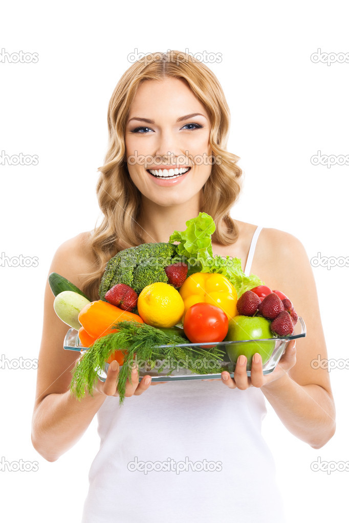 Young woman with vegetarian food, on white