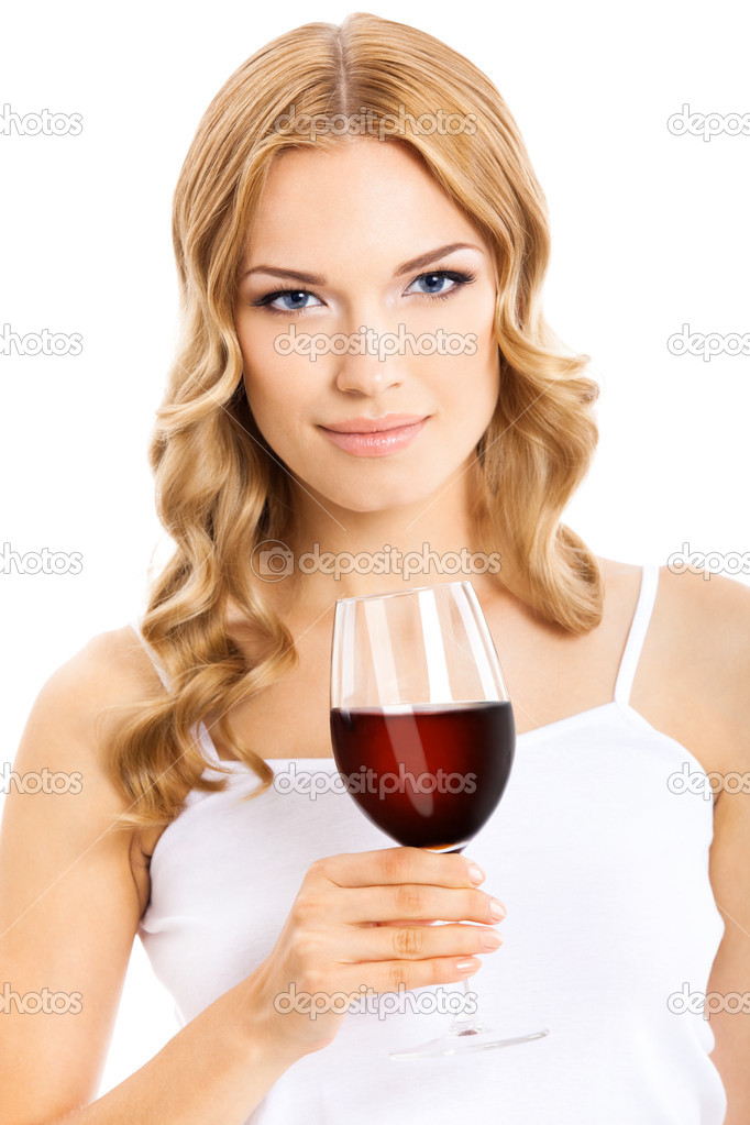 Young happy woman with glass of red wine