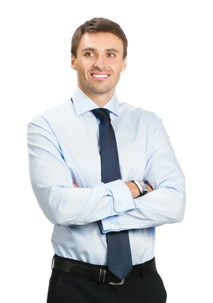 Podobizna muže šťastné podnikání, na bílém pozadí — Stock fotografie