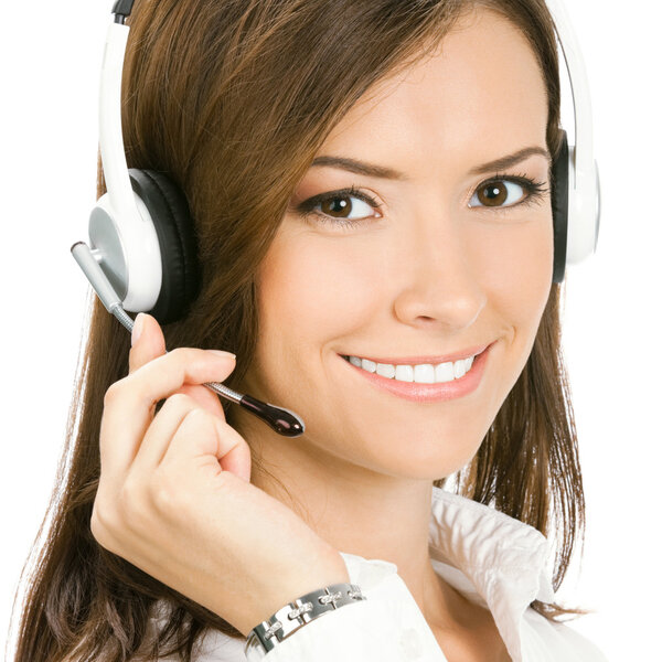 Support phone operator in headset, isolated 