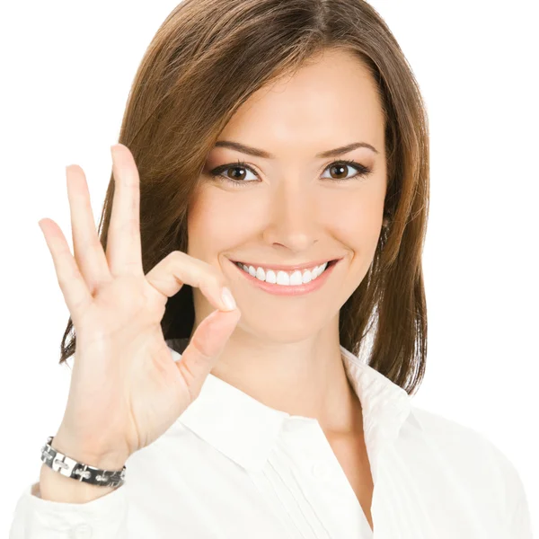 Geschäftsfrau mit Okay-Geste, auf weiß — Stockfoto