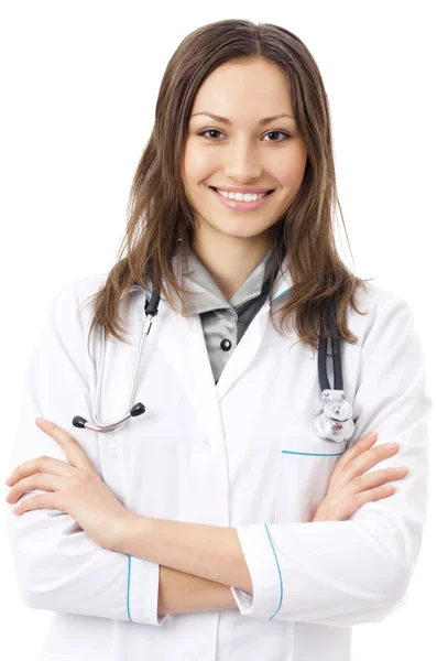 Szczęśliwy uśmiechający się kobiece kobieta lekarz, nad białym — Zdjęcie stockowe