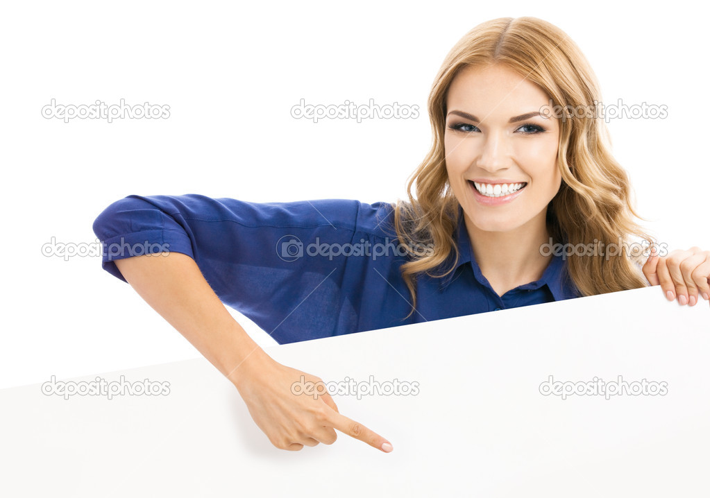 Businesswoman showing blank signboard, isolated