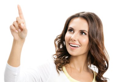 güzel bir genç kadın boş tabela gösteriliyor