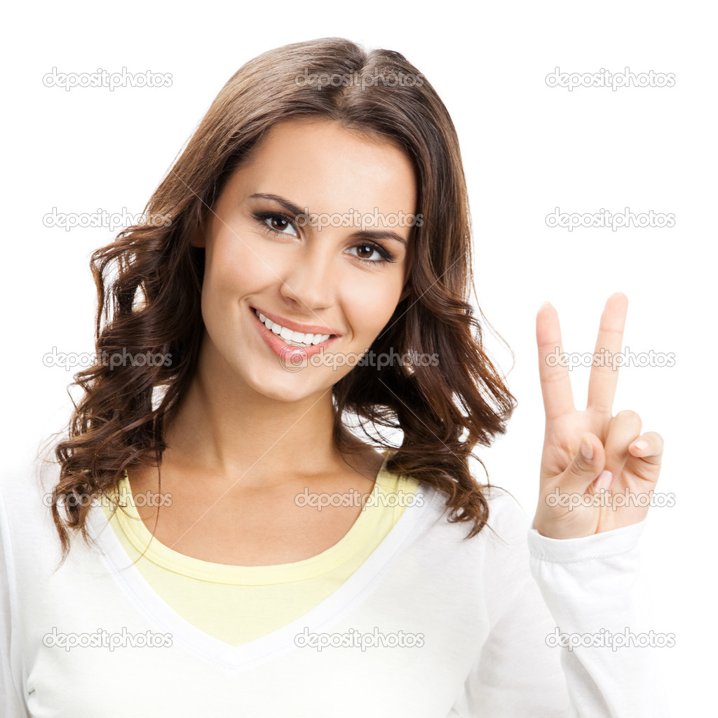 Woman showing two fingers or victory gesture, on white