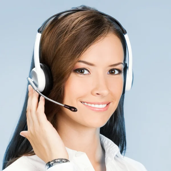 Suporte a operadora de telefone no fone de ouvido, em azul — Fotografia de Stock