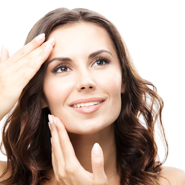 Woman touching skin or applying cream, isolated — Stock Photo, Image