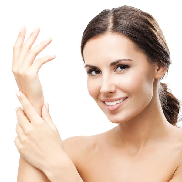 女人接触皮肤或应用霜隔离 — 图库照片