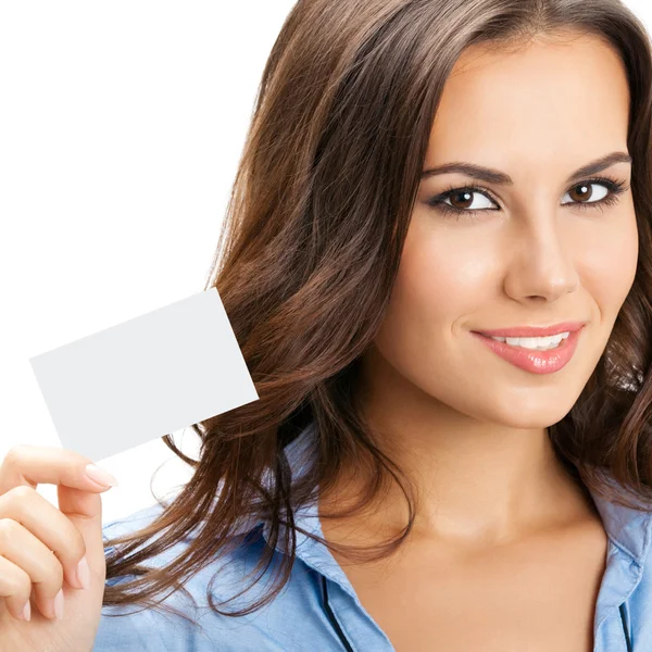 Businesswoman with blank business card, isolated Royalty Free Stock Photos