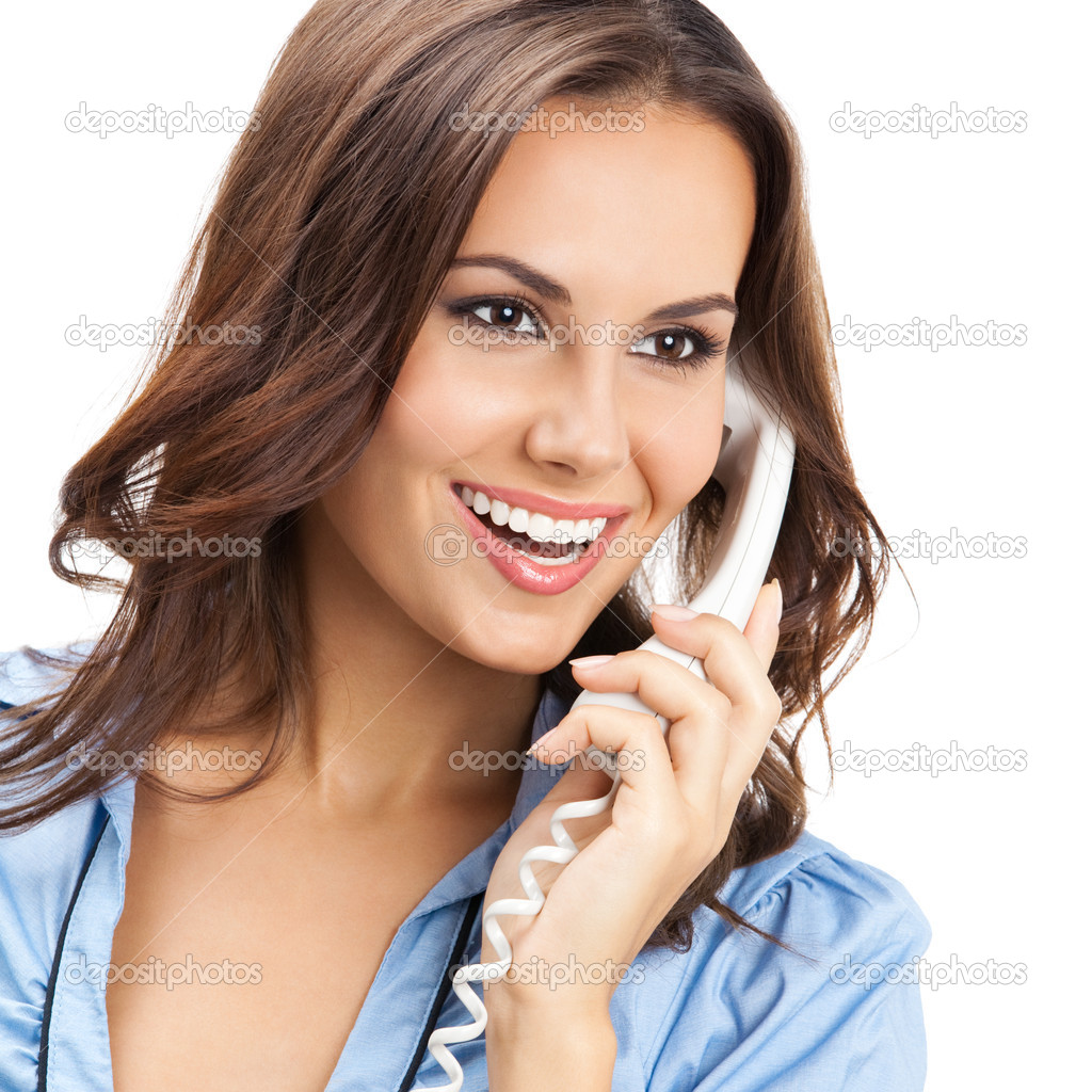 Young woman with phone, on white
