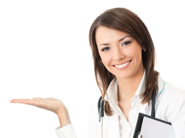 Happy smiling doctor showing, isolated — Stock Photo, Image