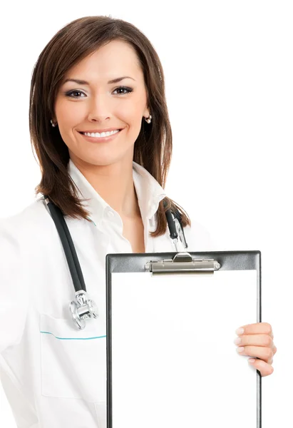 Doctor showing clipboard with copyspace, on white — Stock Photo, Image