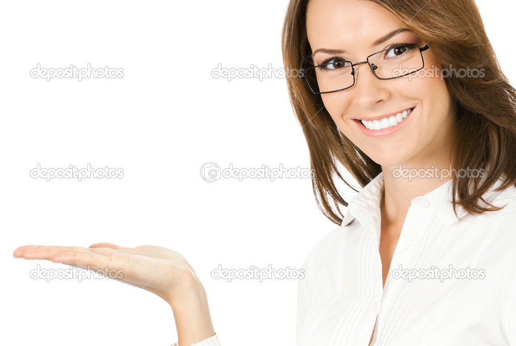Businesswoman showing something or holding, over white 