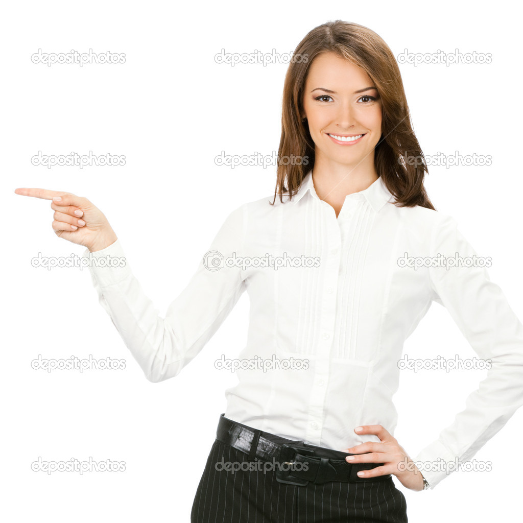Business woman showing something, isolated 