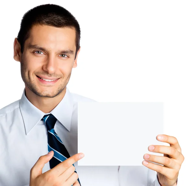 Young businessman showing signboard — Stock Photo, Image