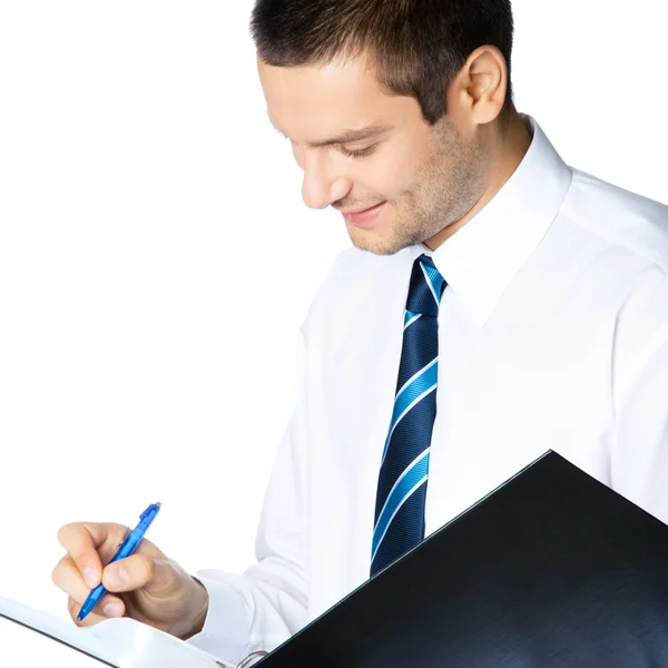 Businessman with folder, on white — Stock Photo, Image