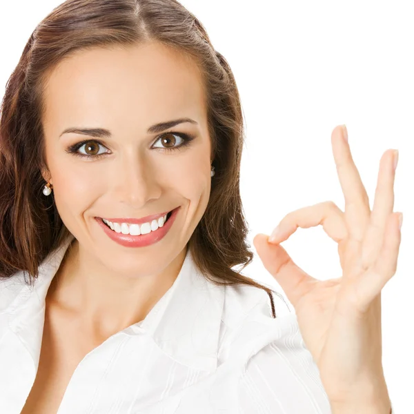 Mujer de negocios con buen gesto, en blanco — Foto de Stock