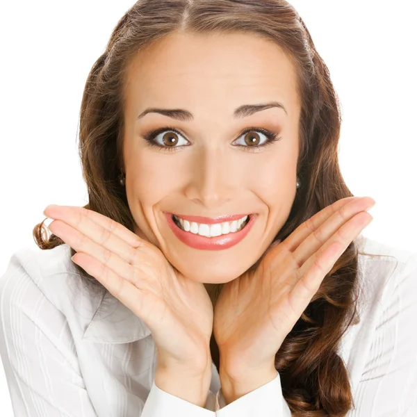 Unga glada leende förvånad affärskvinna, på vitt — Stockfoto