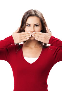 Young woman covering mouth, isolated  clipart