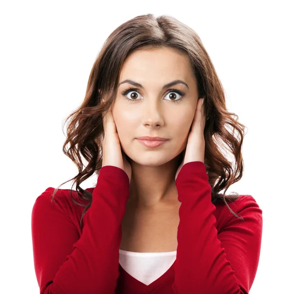 Vrouw die met handen haar oren, geïsoleerd — Stockfoto