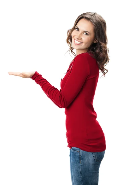 Beautiful young woman showing something, one white — Stock Photo, Image