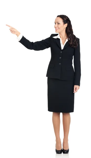 Young businesswoman showing something, on white Stock Photo