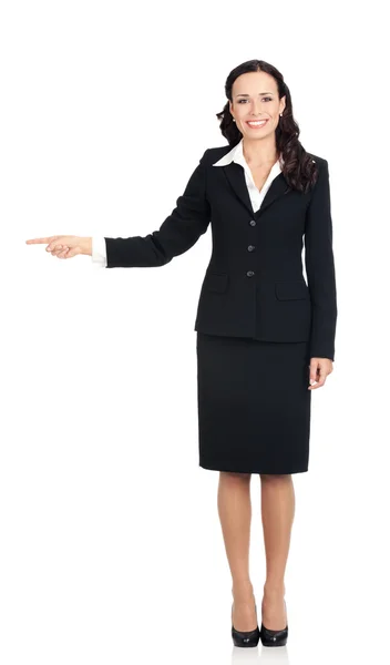 Young businesswoman showing something, on white Stock Picture