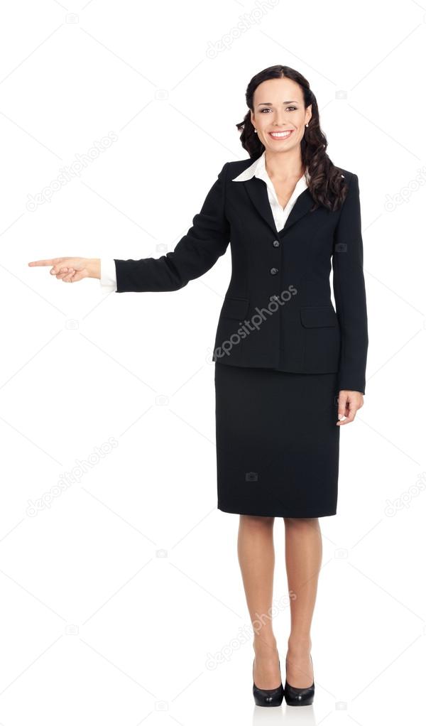 Young businesswoman showing something, on white