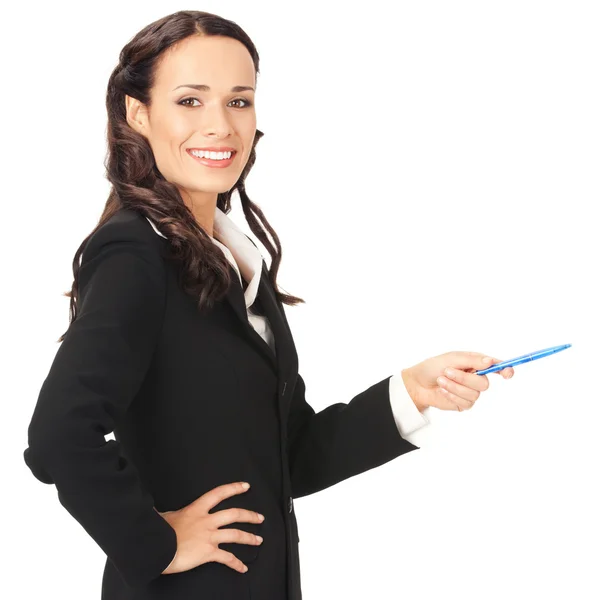Mujer de negocios mostrando, sobre blanco — Foto de Stock