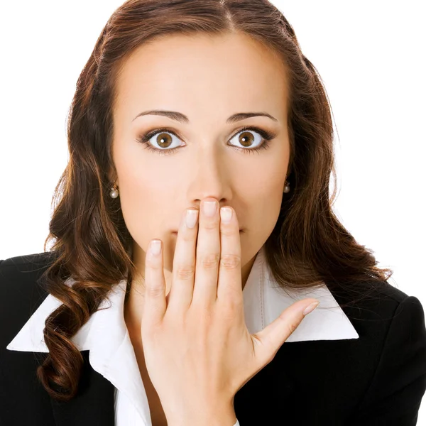 Business woman covering mouth, isolated — Stock Photo, Image