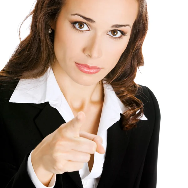 Mujer de negocios señalando con el dedo al espectador, en blanco — Foto de Stock