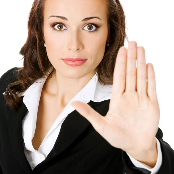 Affärskvinna med stop gest, på vitt — Stockfoto