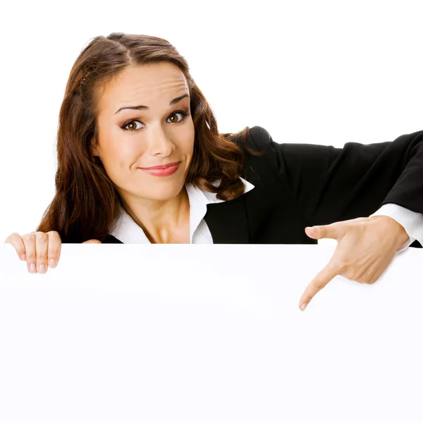 Geschäftsfrau zeigt leeres Schild, isoliert — Stockfoto