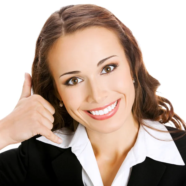 Businesswoman with call me gesture, on white Royalty Free Stock Images