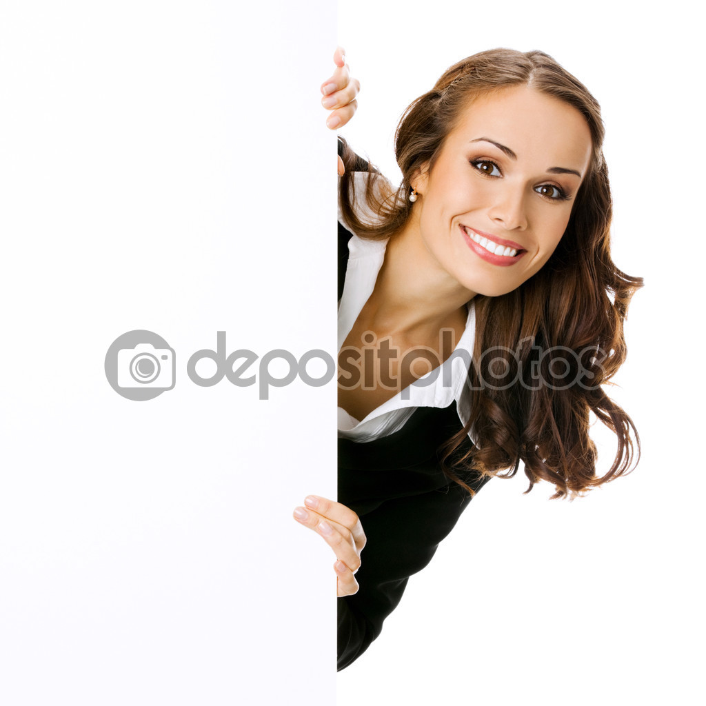 Businesswoman showing blank signboard, isolated