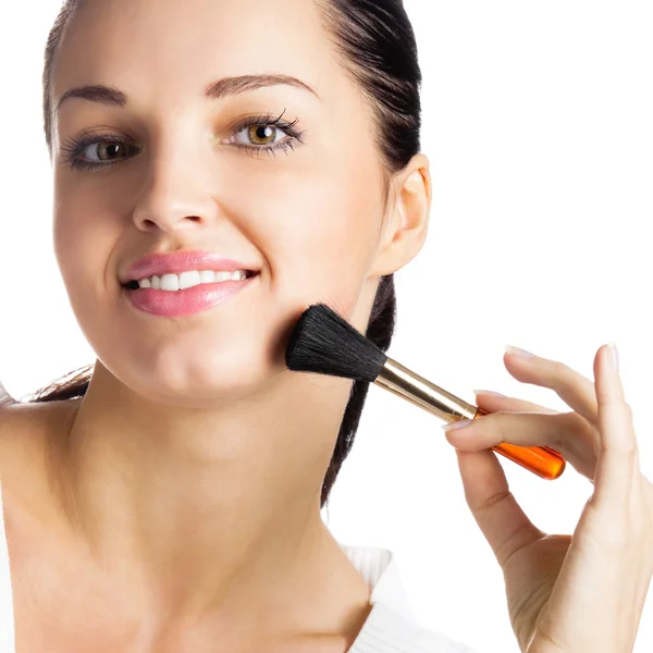 Woman with cosmetics brush, isolated — Stock Photo, Image