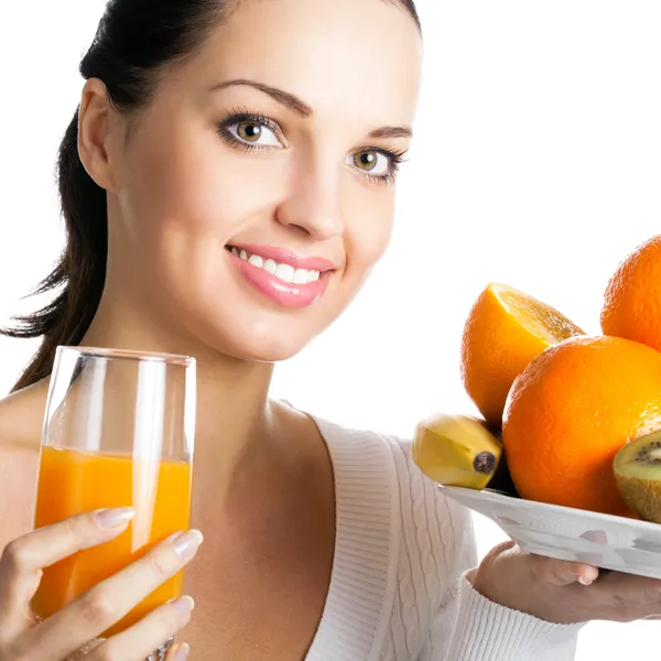 Woman with fruits and orange juice, isolated Stock Photo