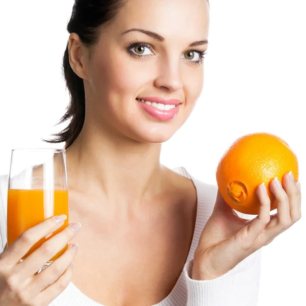 Woman with orange and juice, isolated Royalty Free Stock Images