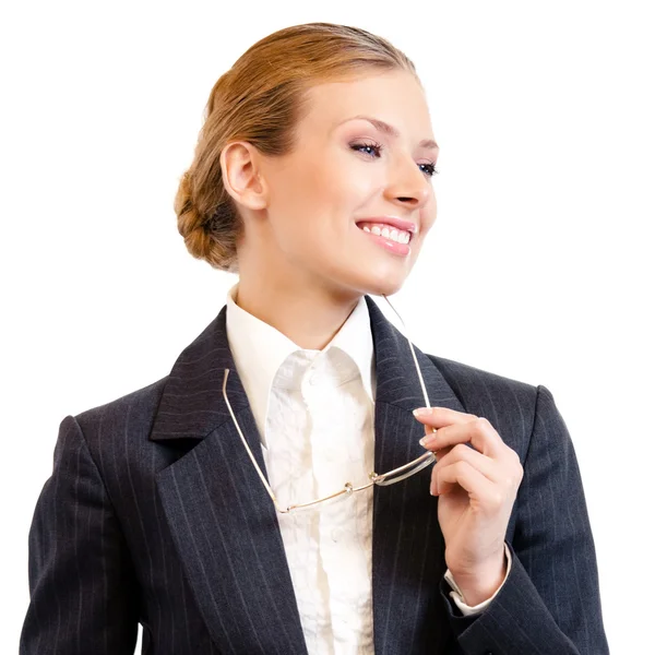 Happy thinking business woman with glasses, isolated — Stock Photo, Image