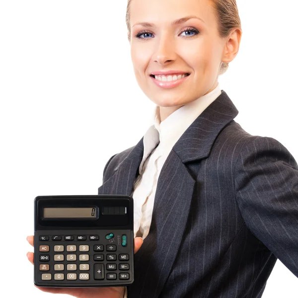 Mulher de negócios mostrando calculadora, isolado em branco — Fotografia de Stock