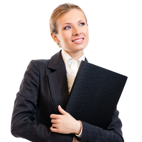 Mujer de negocios con carpeta, en blanco — Foto de Stock