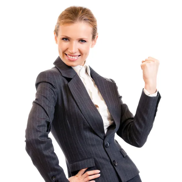 Happy gesturing businesswoman , on white — Stock Photo, Image