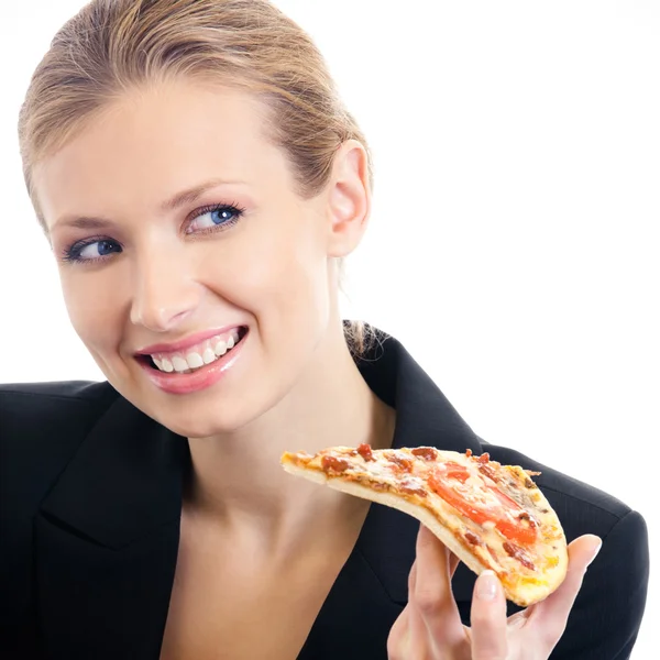 Affärskvinna äta pizza, isolerade — Stockfoto