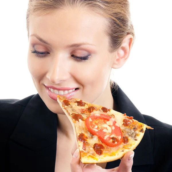 Businesswoman eating pizza, isolated — Stock Photo, Image